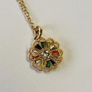 Gold 1.5 ct Zircon Flower with Multi-color Jade Pendant Necklace